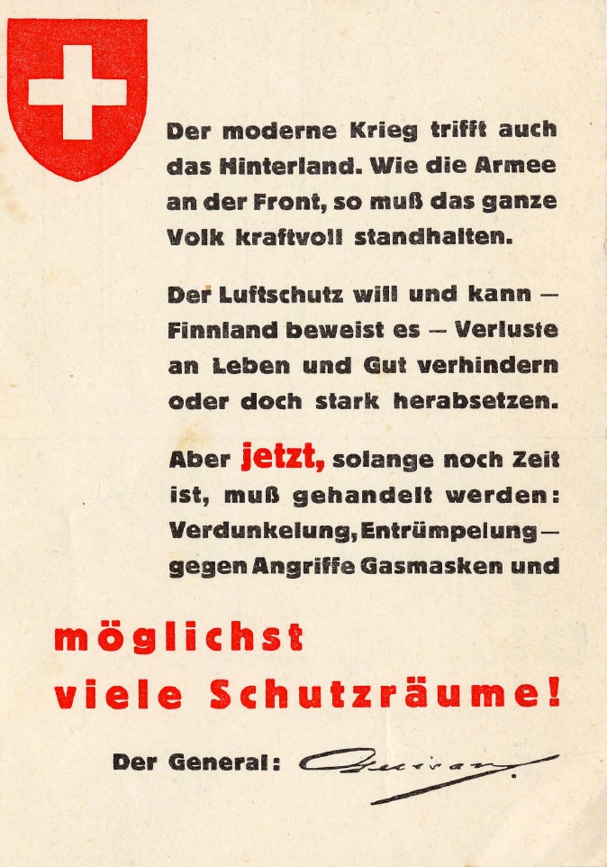 General Guisans Appell für mehr Schutzräume, Mai 1940. Copyright: Militärpostkartensammlung der Bibliothek am Guisanplatz, Bern